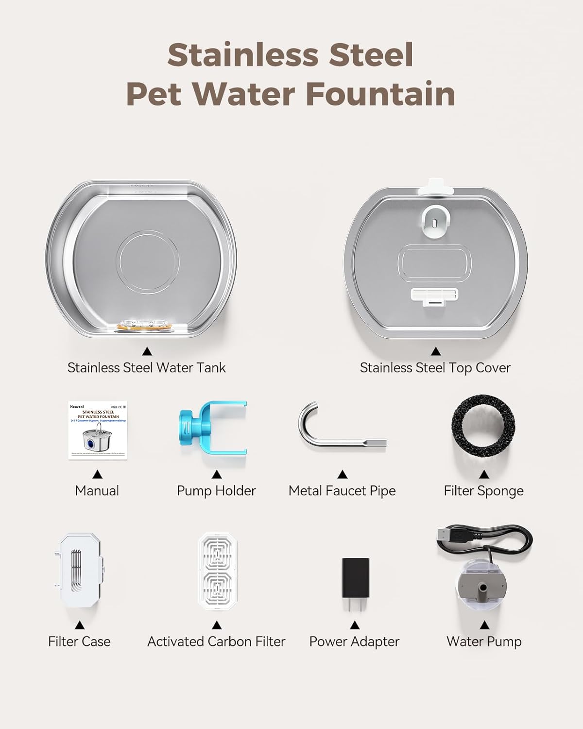 Cat Water Fountain Stainless Steel: 108oz/3.2L Cat Fountain for Drinking- Pet Water Fountain for Cats Dogs