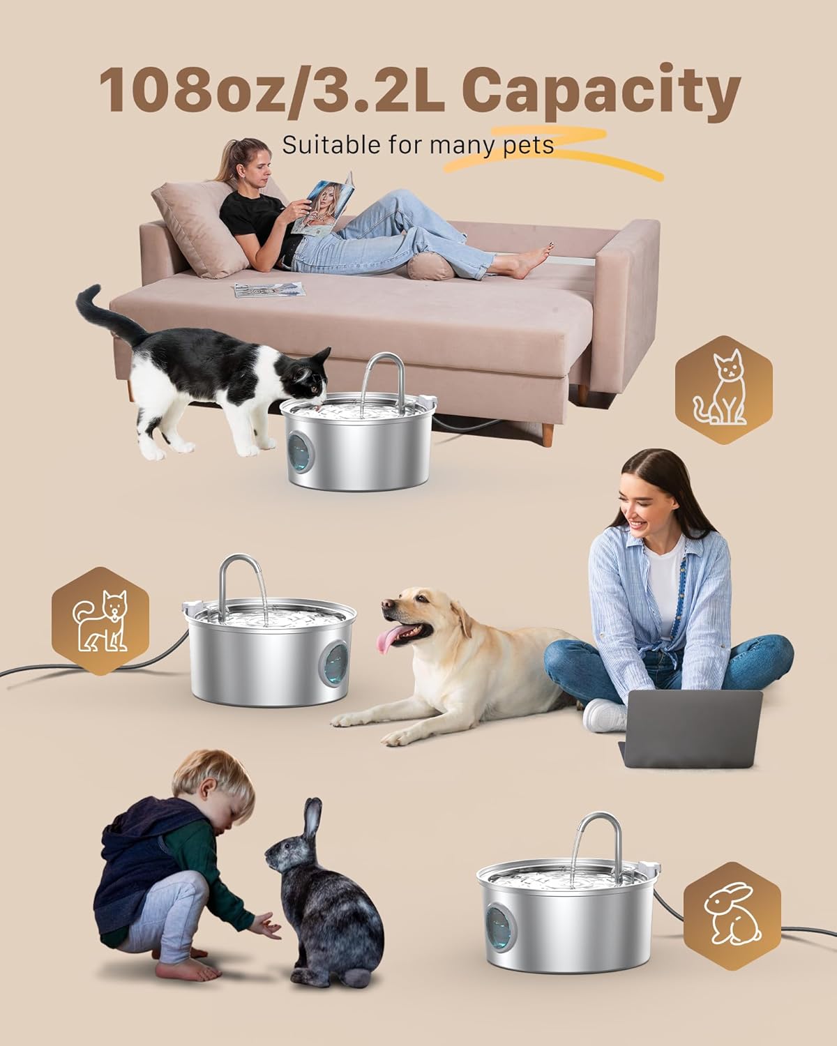 Cat Water Fountain Stainless Steel: 108oz/3.2L Cat Fountain for Drinking - Pet Water Fountain for Cats Dogs
