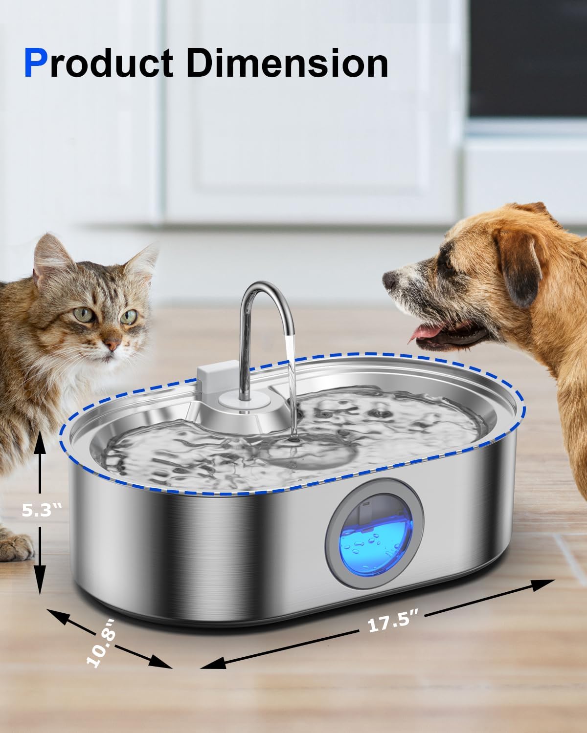 3.4Gal Dog Cats Water Fountain, Stainless Steel Pet Fountain with Deeper & Wider Drinking Area