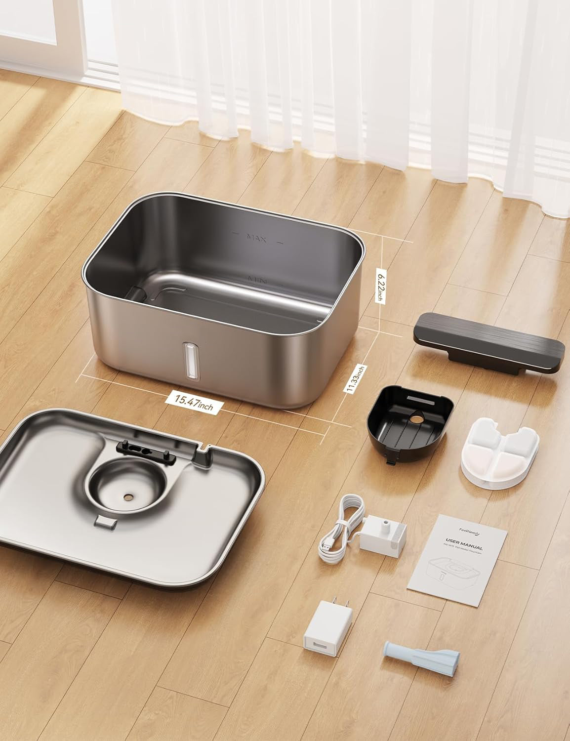 3 Gal Stainless Steel Dog Cat Water Fountain for Large Dog with Water Level Window