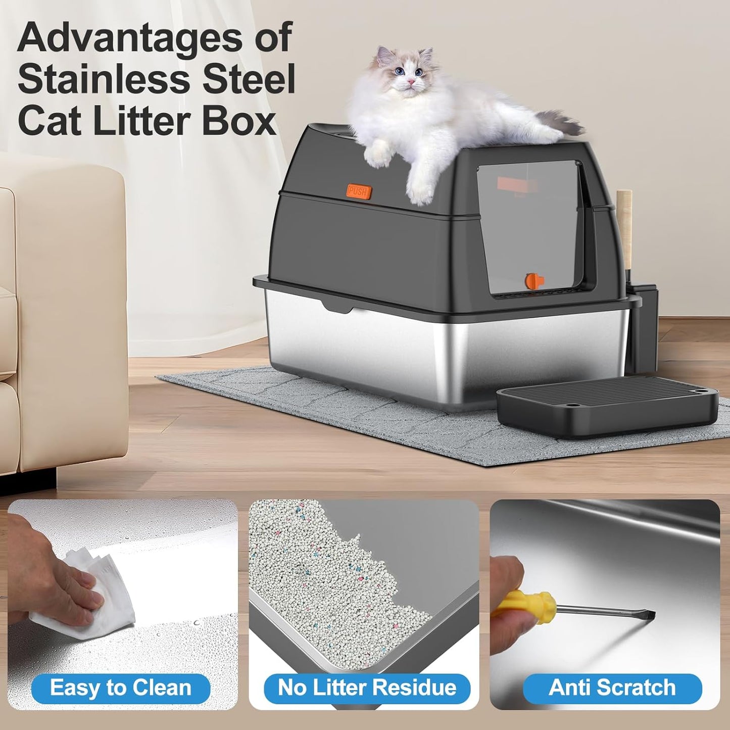 Stainless Steel Cat Litter Box with Lid, Front Entry Top Exit Kitty LitterBox
