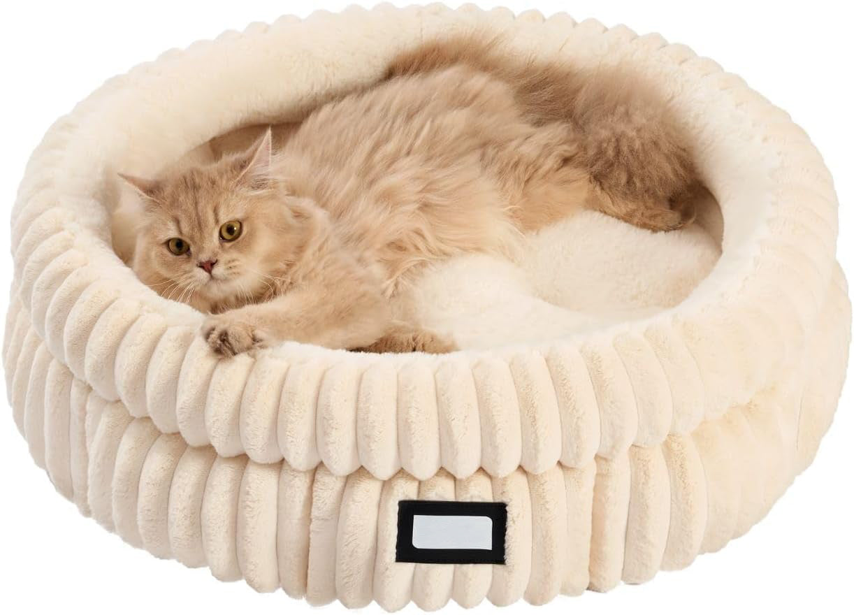 Washable Round Pet Bed for Dog Cat, Soft Plush Faux Fur and Anti-Slip