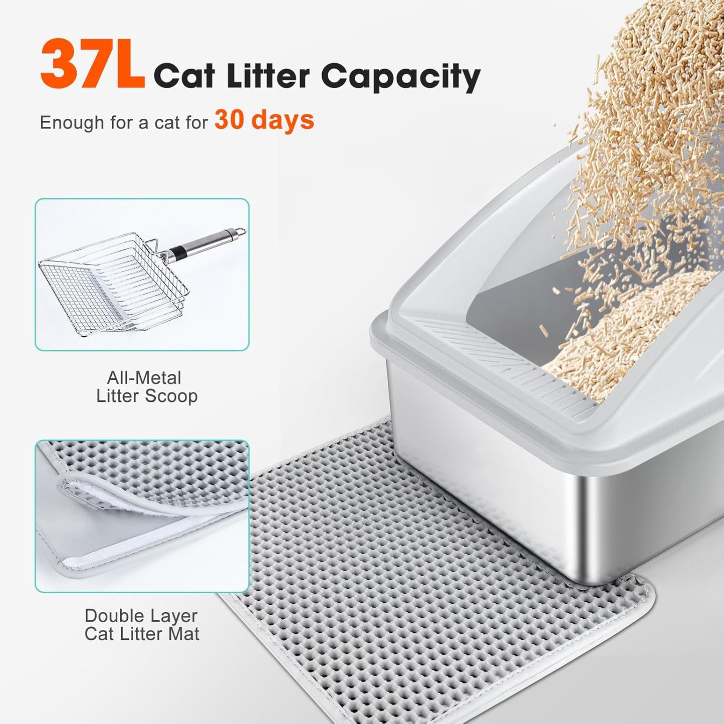 Stainless Steel Litter Box, XL Enclosed Cat Litter Boxs with Lid for Big Cats, High Sided