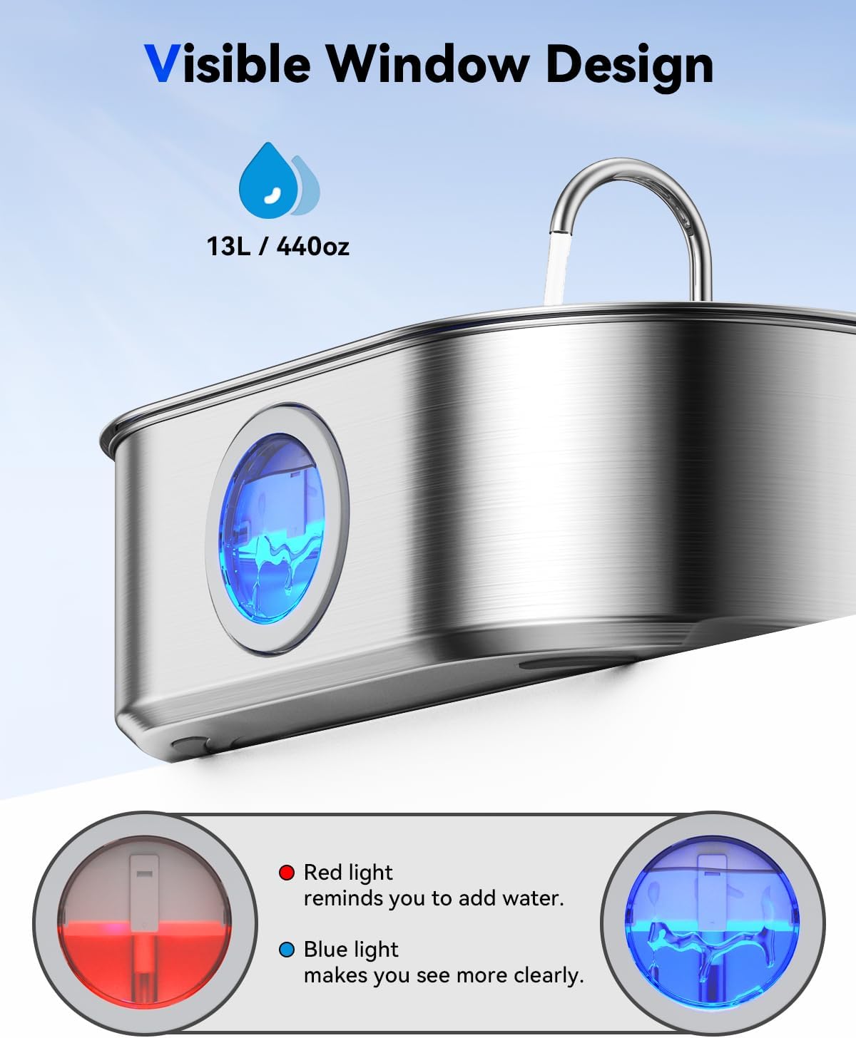 3.4Gal Dog Cats Water Fountain, Stainless Steel Pet Fountain with Deeper & Wider Drinking Area