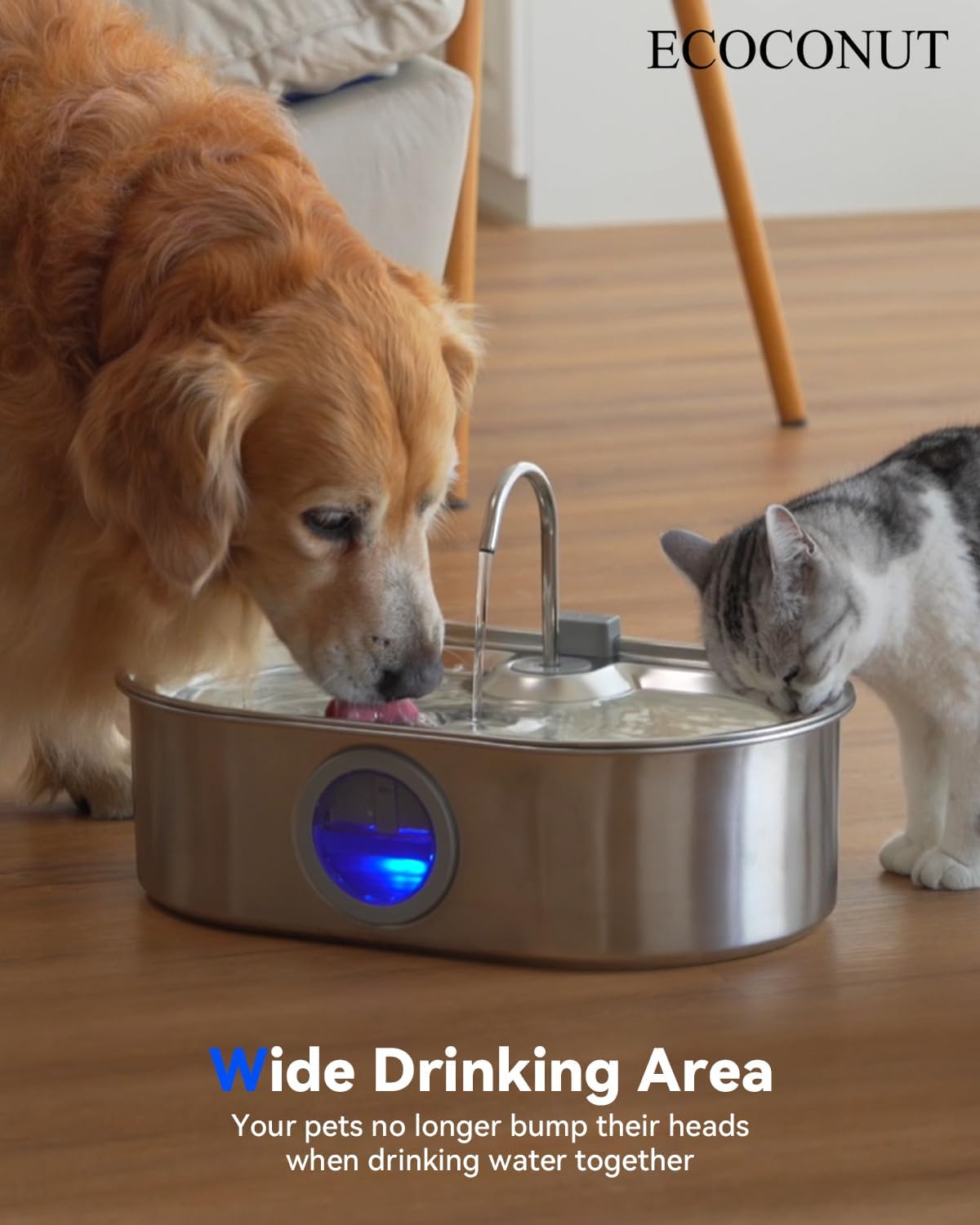 3.4Gal Dog Cats Water Fountain, Stainless Steel Pet Fountain with Deeper & Wider Drinking Area