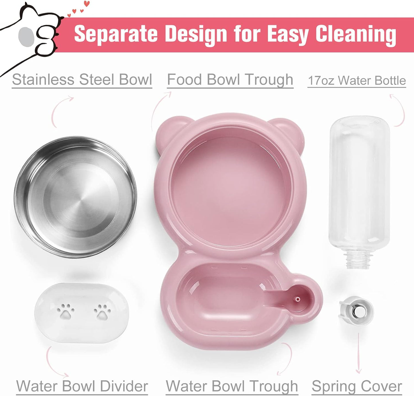 Dog Bowls, Cat Food and Water Bowl Set with Water Dispenser and Stainless Steel Bowl for Cats and Small Dogs