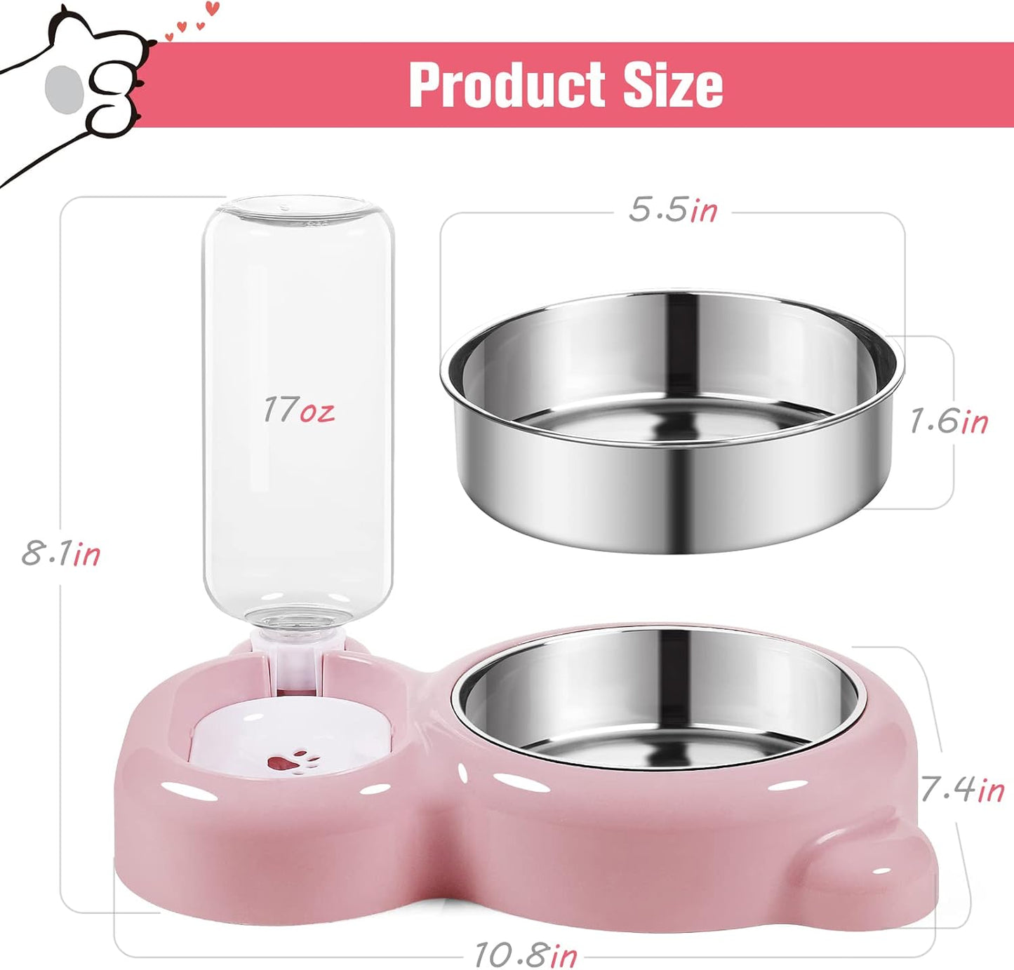 Dog Bowls, Cat Food and Water Bowl Set with Water Dispenser and Stainless Steel Bowl for Cats and Small Dogs