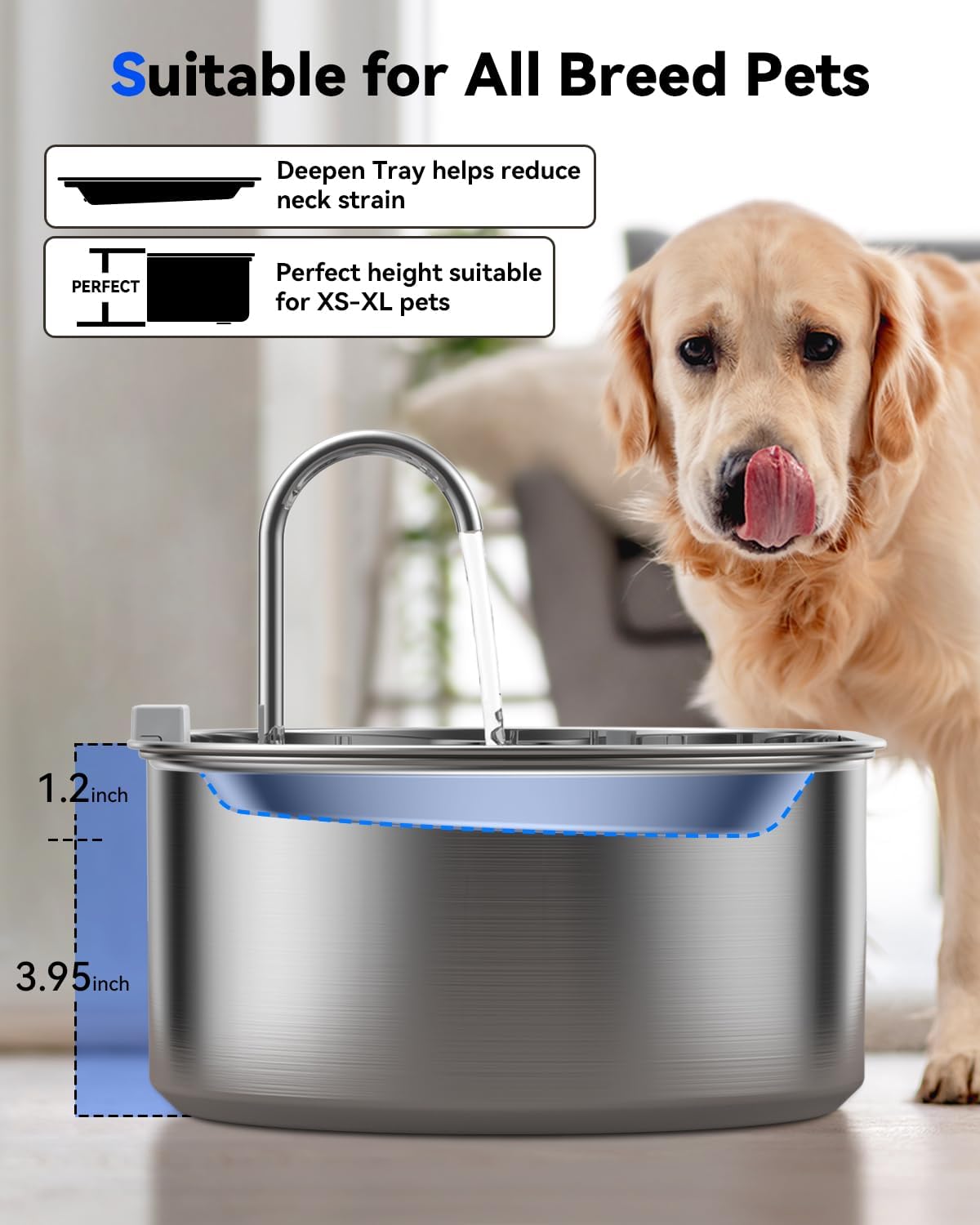 3.4Gal Dog Cats Water Fountain, Stainless Steel Pet Fountain with Deeper & Wider Drinking Area