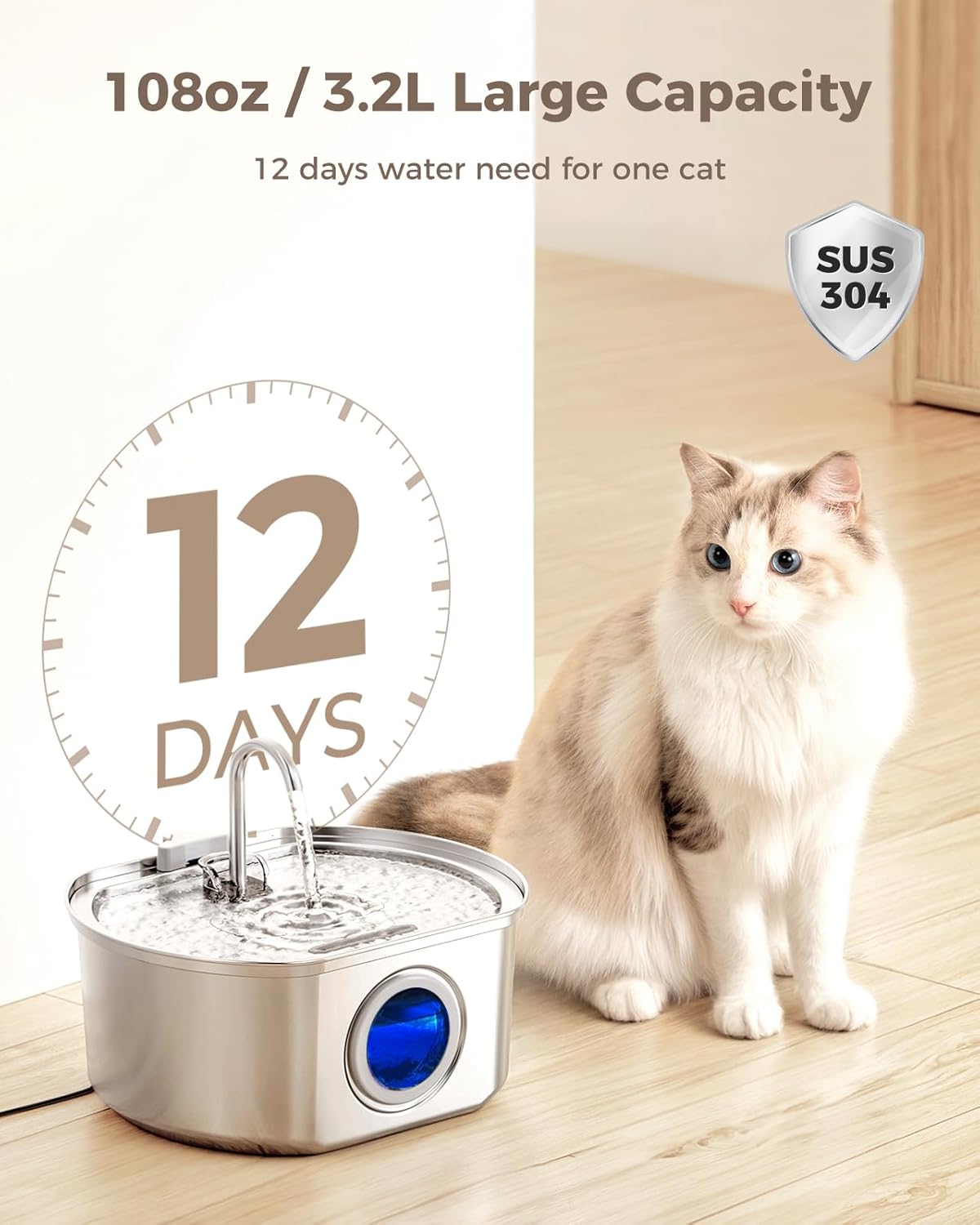 Cat Water Fountain Stainless Steel: 108oz/3.2L Cat Fountain for Drinking- Pet Water Fountain for Cats Dogs