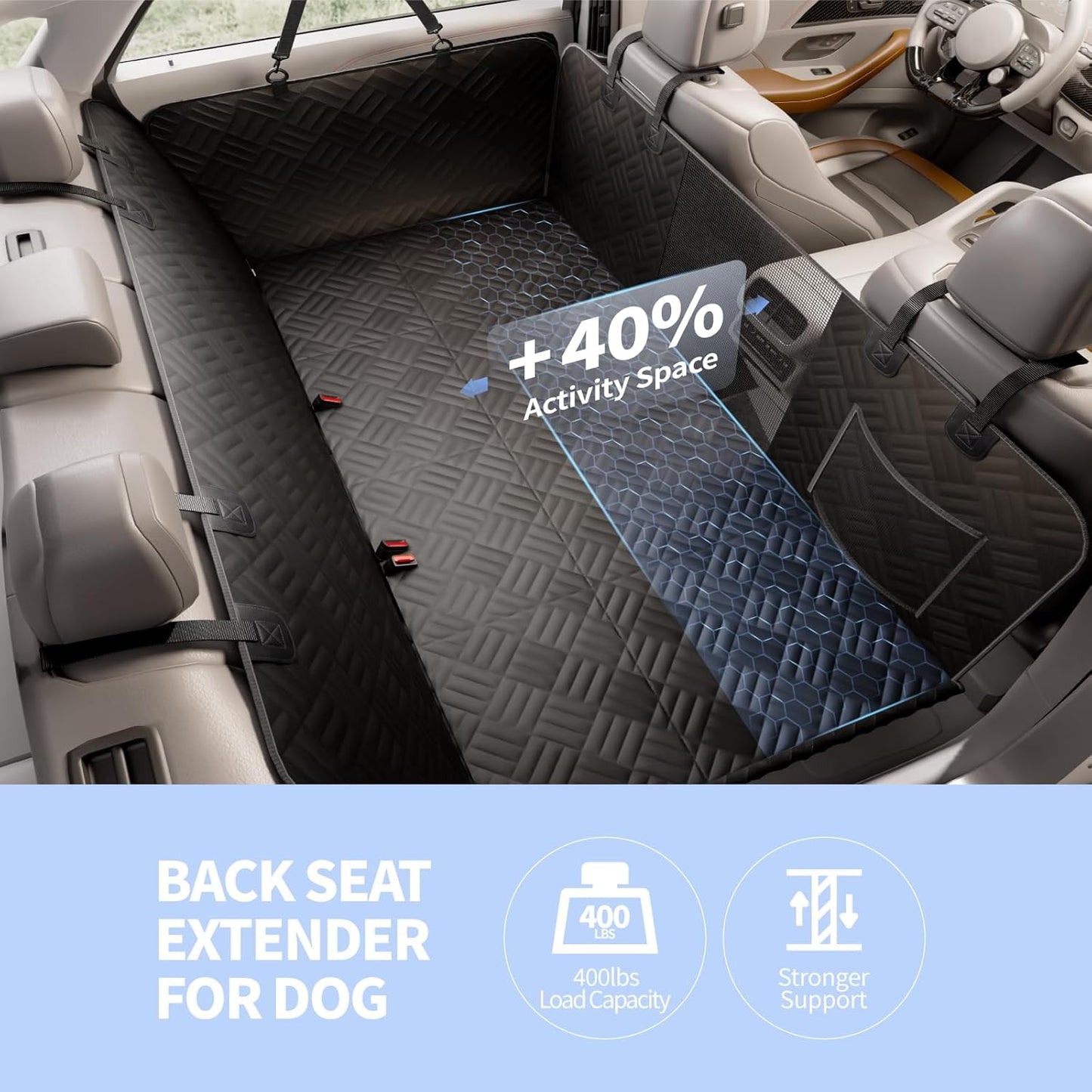 Dog Car Seat Cover for Back Seat, Hard Bottom Extender for Dogs, Holds 400lbs, 600D Heavy