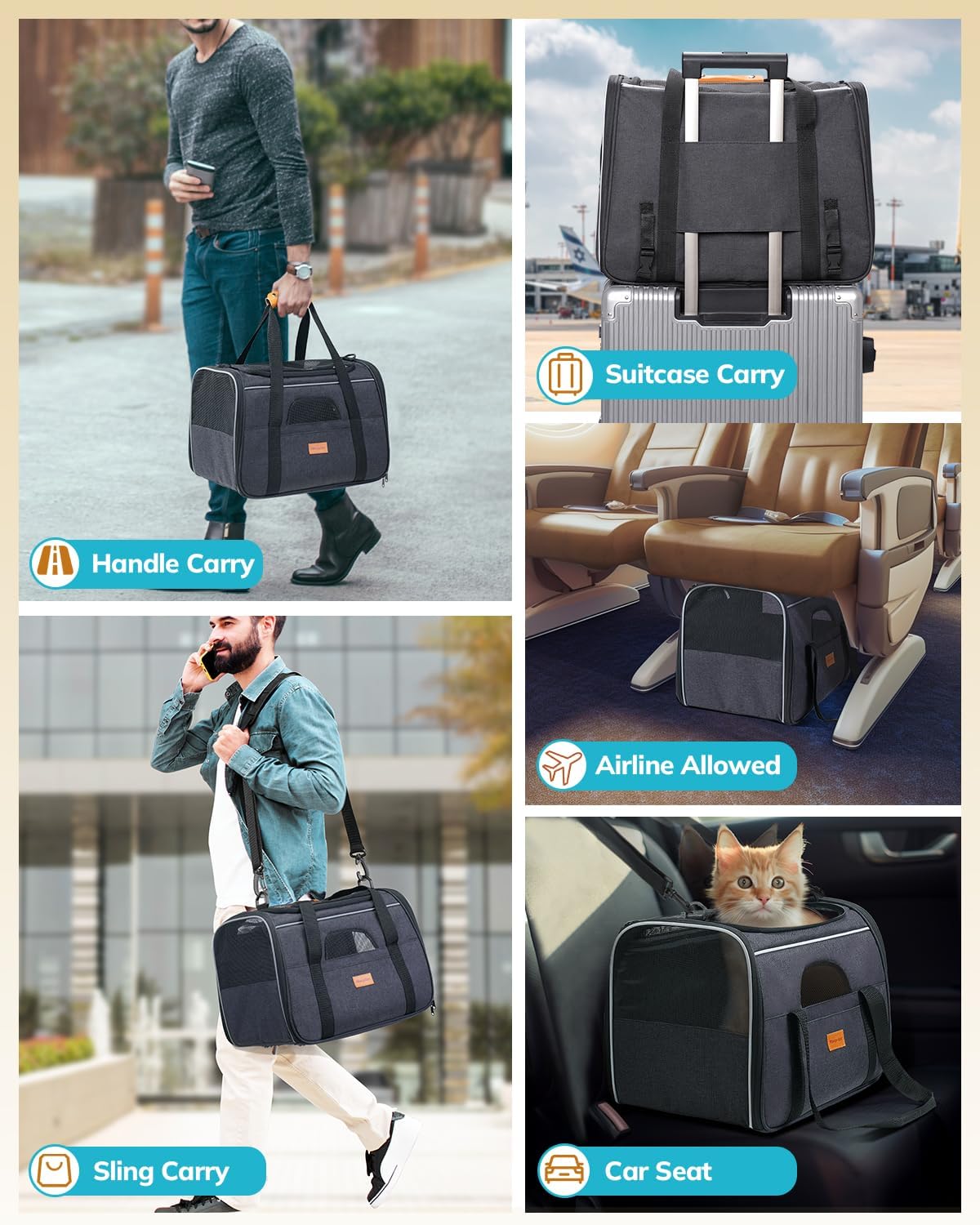 Soft Sided Cat Dog Carrier Large for Big Medium Cats and Puppy up to 18lbs, Pet Carrier with Safety Zippers