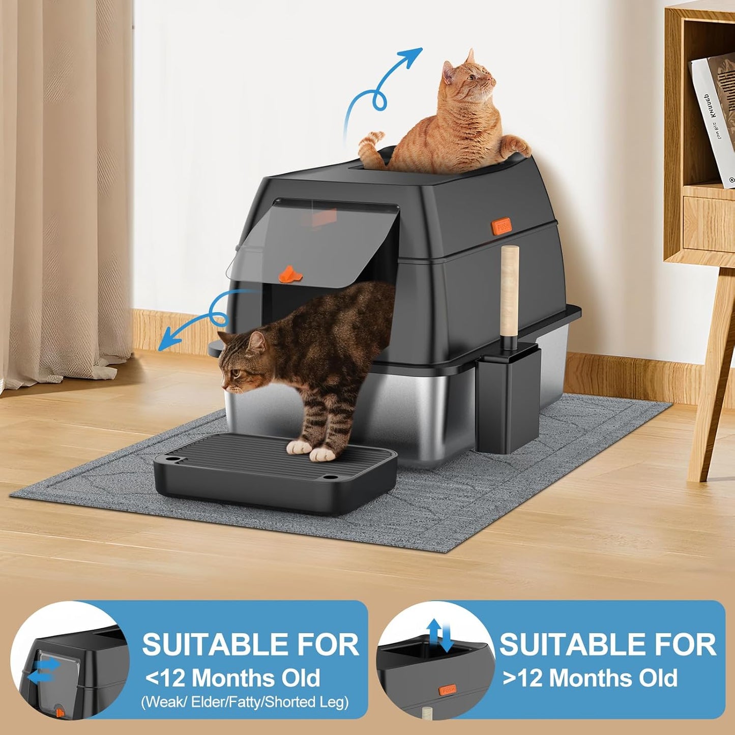 Stainless Steel Cat Litter Box with Lid, Front Entry Top Exit Kitty LitterBox