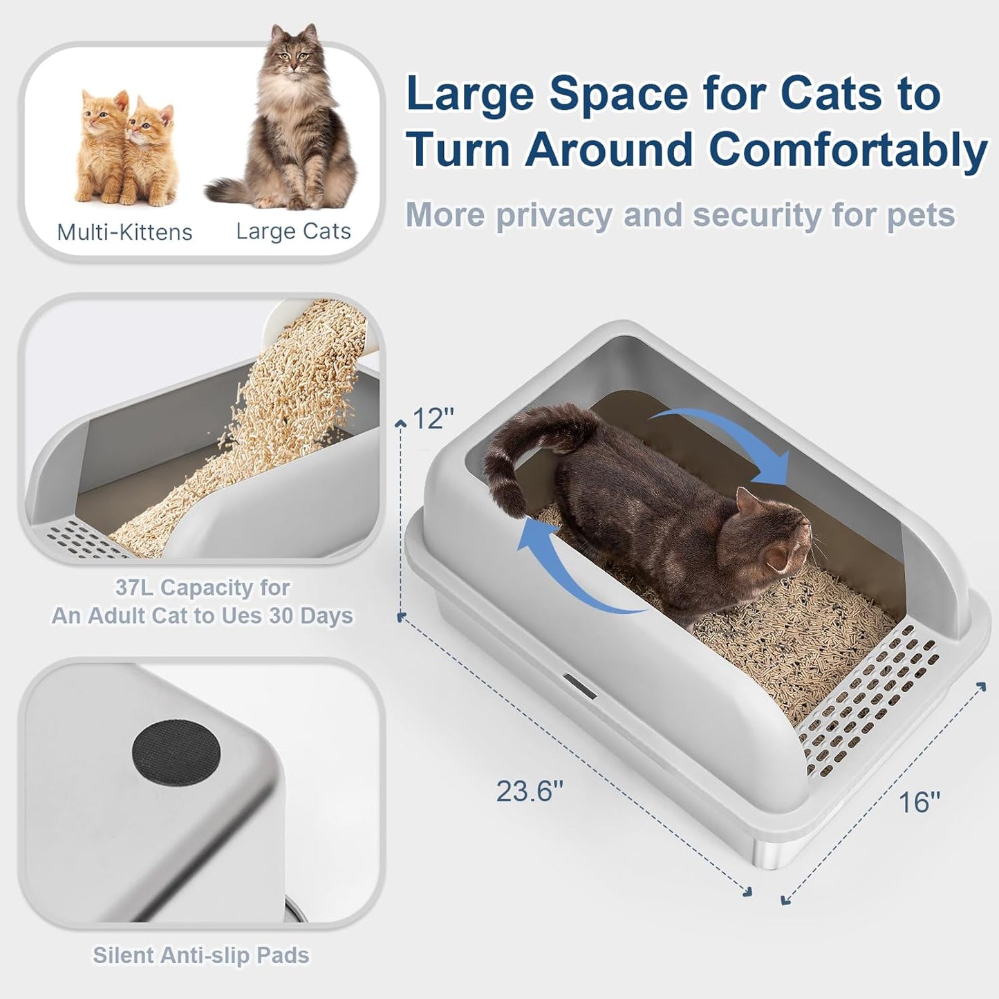 Enclosed Stainless Steel Cat Litter Box with Lid Extra Large Litter Box for Big Cats XL Metal Litter Pan Tray