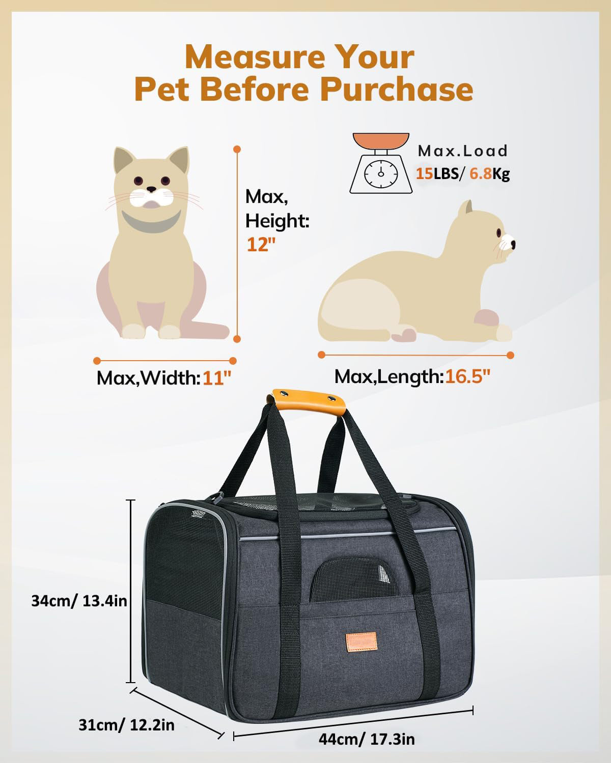 Soft Sided Cat Dog Carrier Large for Big Medium Cats and Puppy up to 18lbs, Pet Carrier with Safety Zippers