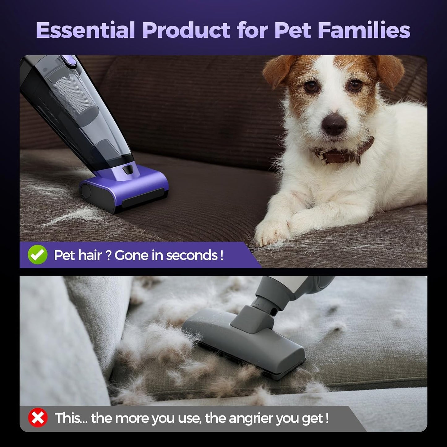 Pet Hair Handheld Vacuum Cordless: 20000PA High Power Car Vacuum with Motorized Brush and LED Light