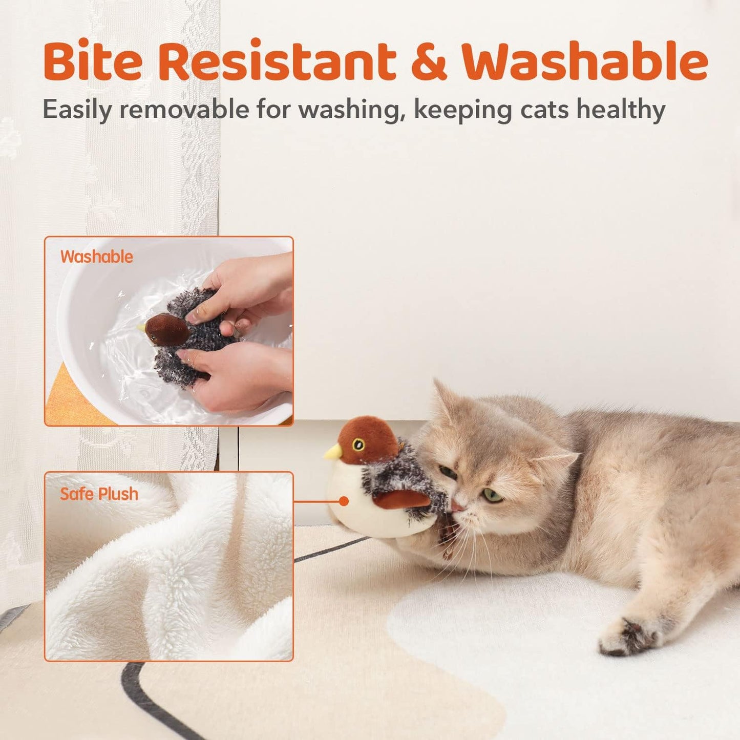 Cat Toys Rechargeable Flapping Bird Sparrow, Lifelike Chirp Tweet, Touch Activated Kitten Interactive Cat Toys
