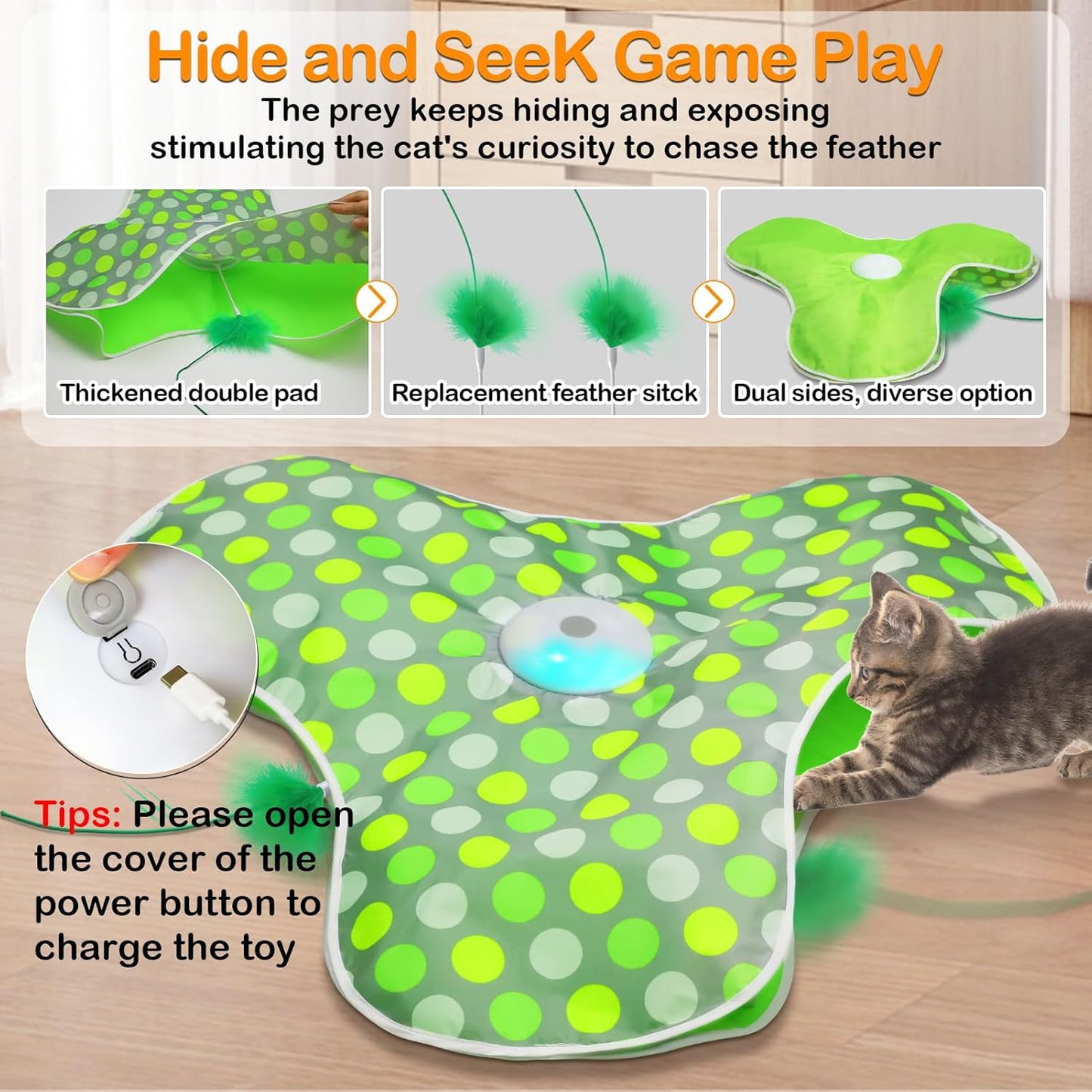 Interactive Cat Toys Rechargeable,Moving Concealed Feathers,Real Mouse Squeaky,Touch Activated Cat Kitten Toy