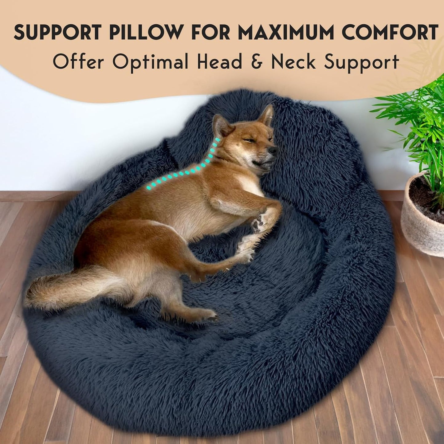 Round Medium Dog Beds Anti-Slip & Washable, Soft Fluffy Plush Donut Bed
