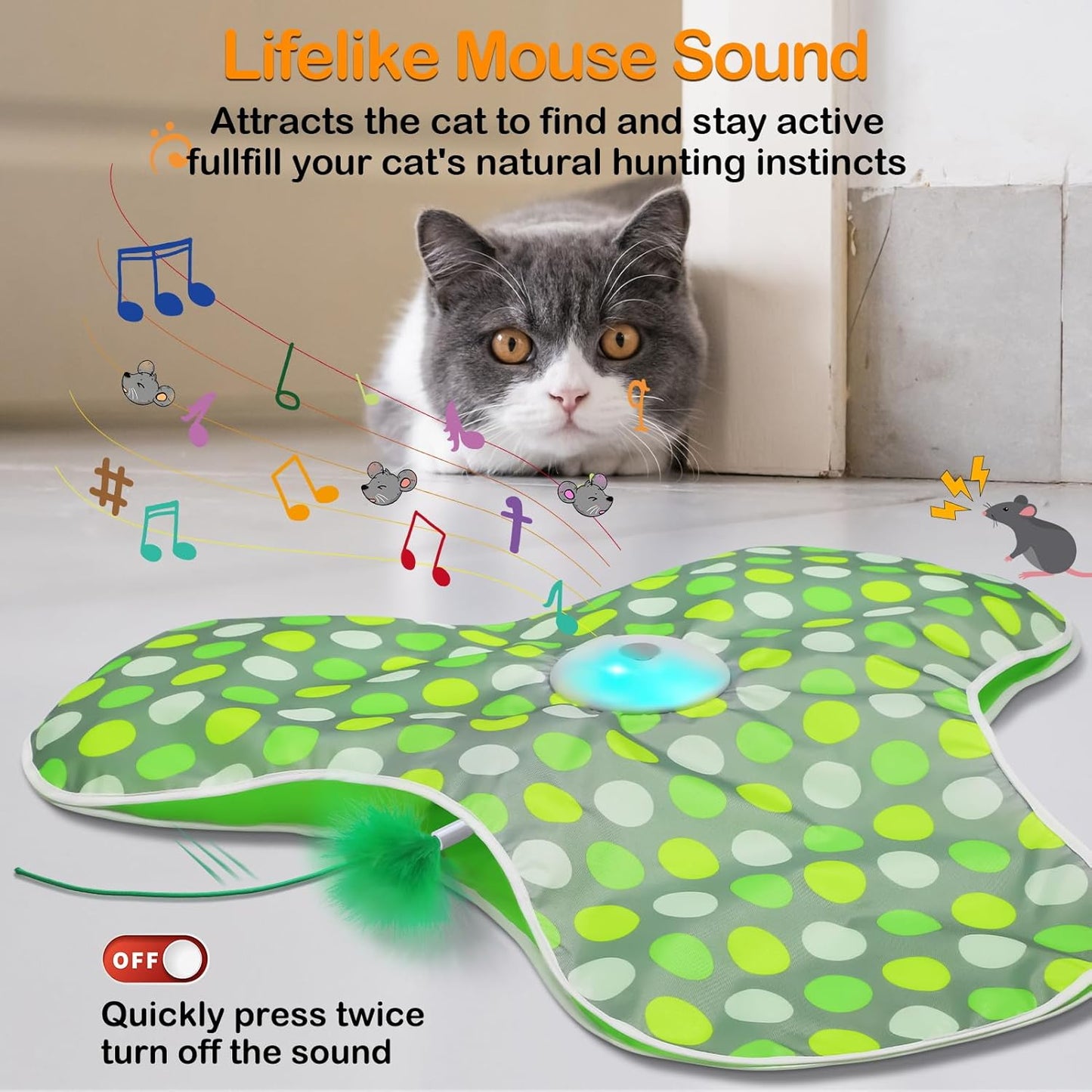 Interactive Cat Toys Rechargeable,Moving Concealed Feathers,Real Mouse Squeaky,Touch Activated Cat Kitten Toy