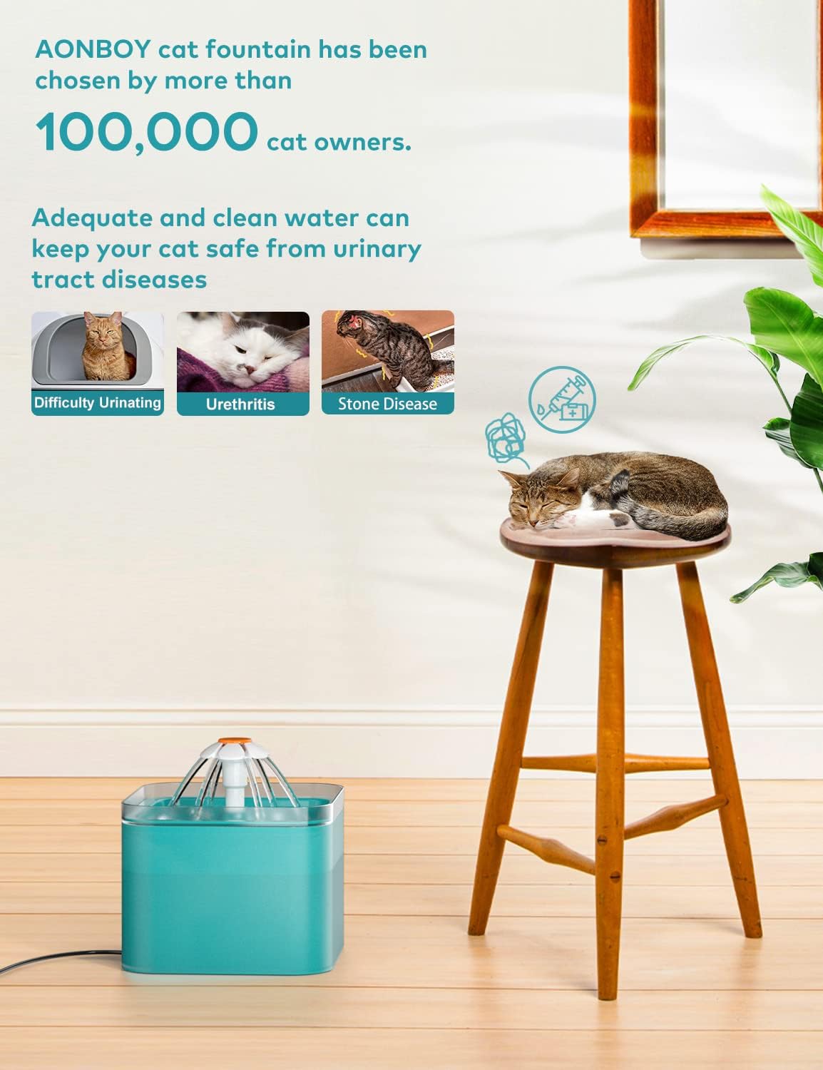 Cat Fountain - Water Fountains for Cats Indoor - 67oz/2L Cat Fountains for Drinking - Pet Water Fountain