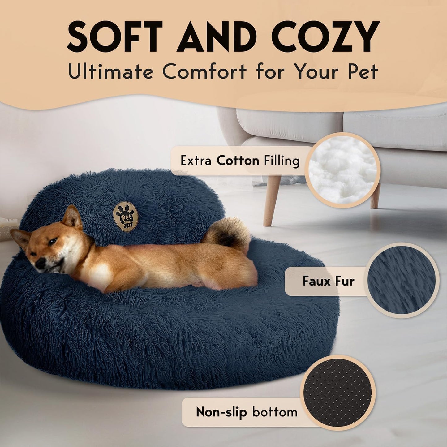 Round Medium Dog Beds Anti-Slip & Washable, Soft Fluffy Plush Donut Bed