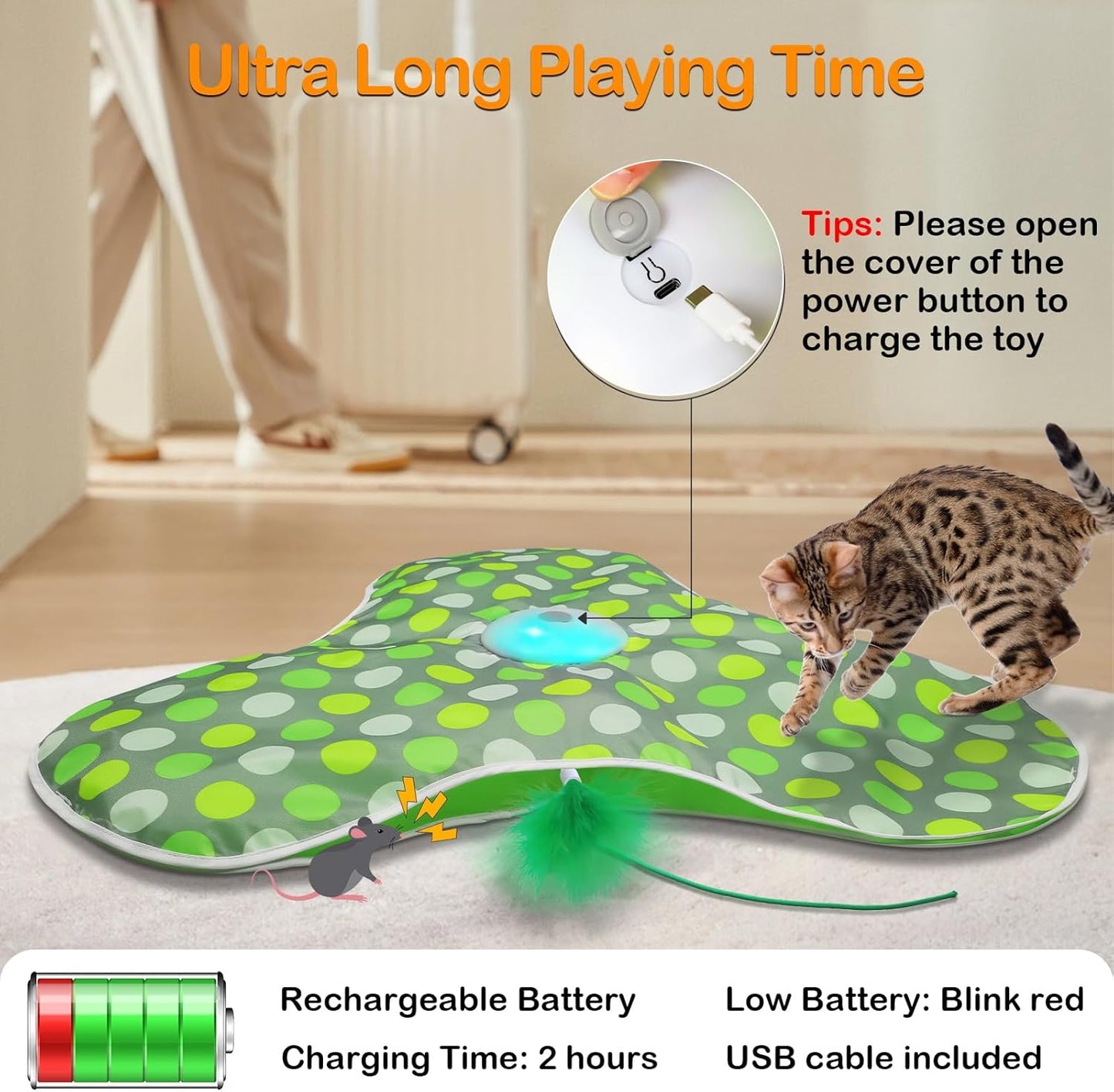 Interactive Cat Toys Rechargeable,Moving Concealed Feathers,Real Mouse Squeaky,Touch Activated Cat Kitten Toy