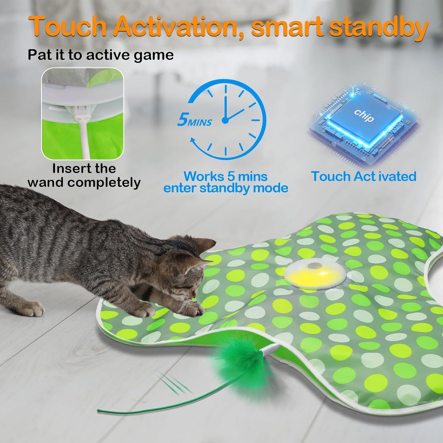 Interactive Cat Toys Rechargeable,Moving Concealed Feathers,Real Mouse Squeaky,Touch Activated Cat Kitten Toy