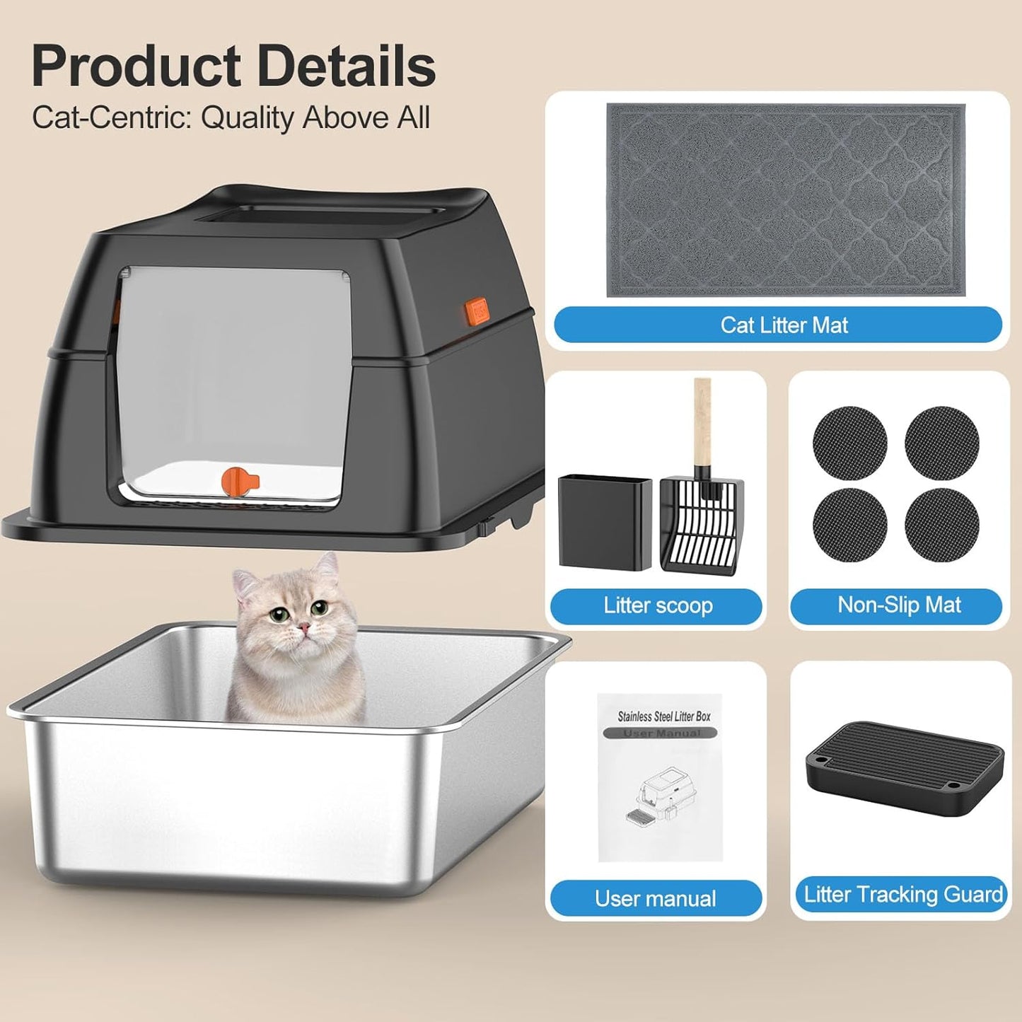 Stainless Steel Cat Litter Box with Lid, Front Entry Top Exit Kitty LitterBox