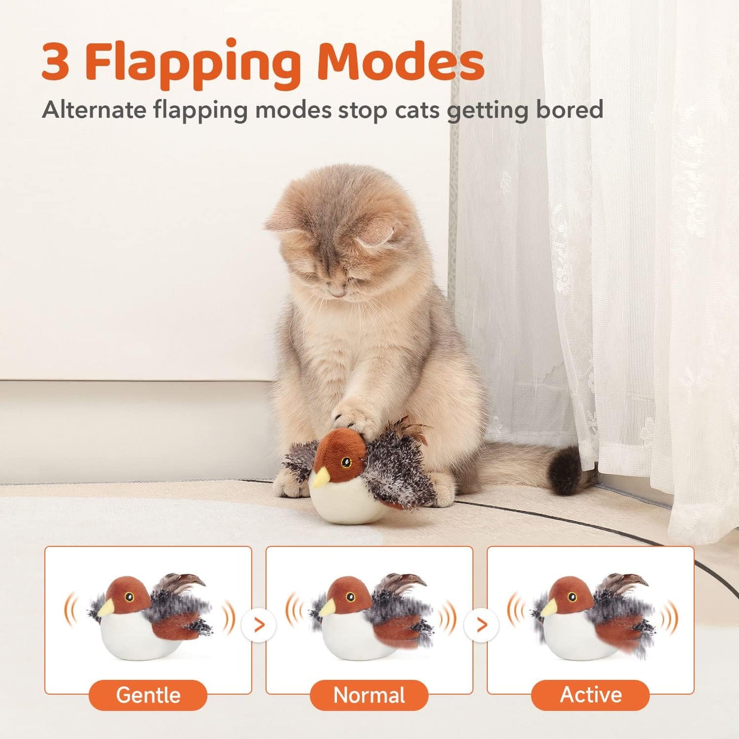 Cat Toys Rechargeable Flapping Bird Sparrow, Lifelike Chirp Tweet, Touch Activated Kitten Interactive Cat Toys