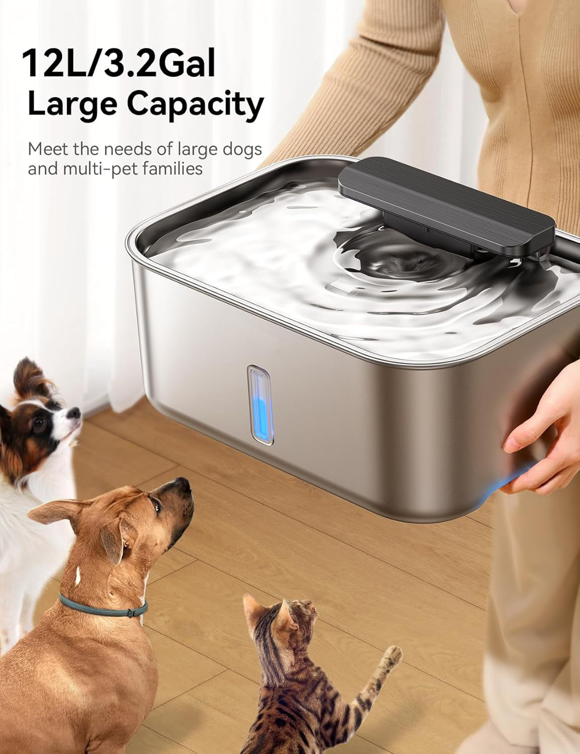 3 Gal Stainless Steel Dog Cat Water Fountain for Large Dog with Water Level Window