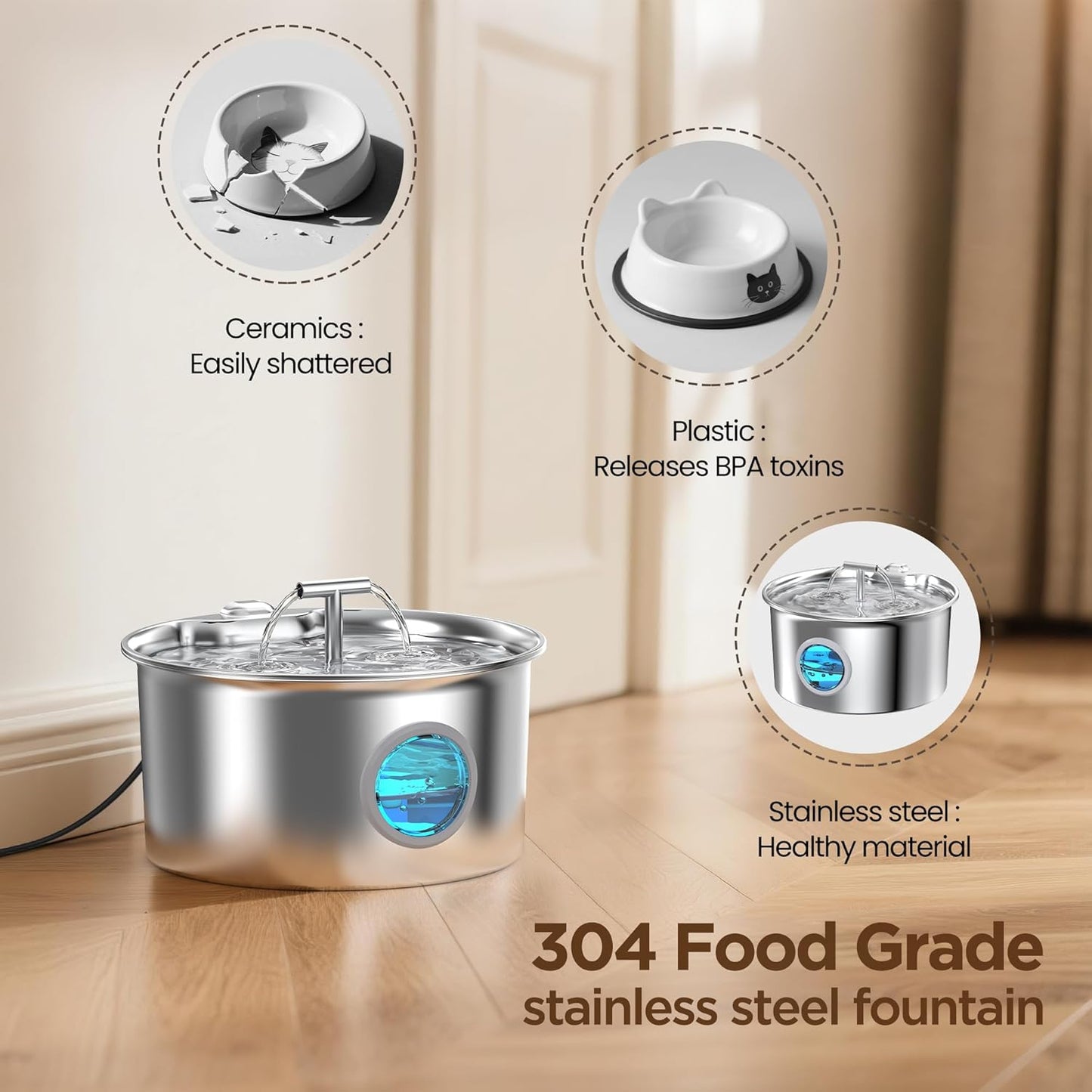 Dog Cat Water Fountain Stainless Steel: 2.6L Cat Fountain for Drinking - Pet Water Fountain for Dogs Cats Indoor