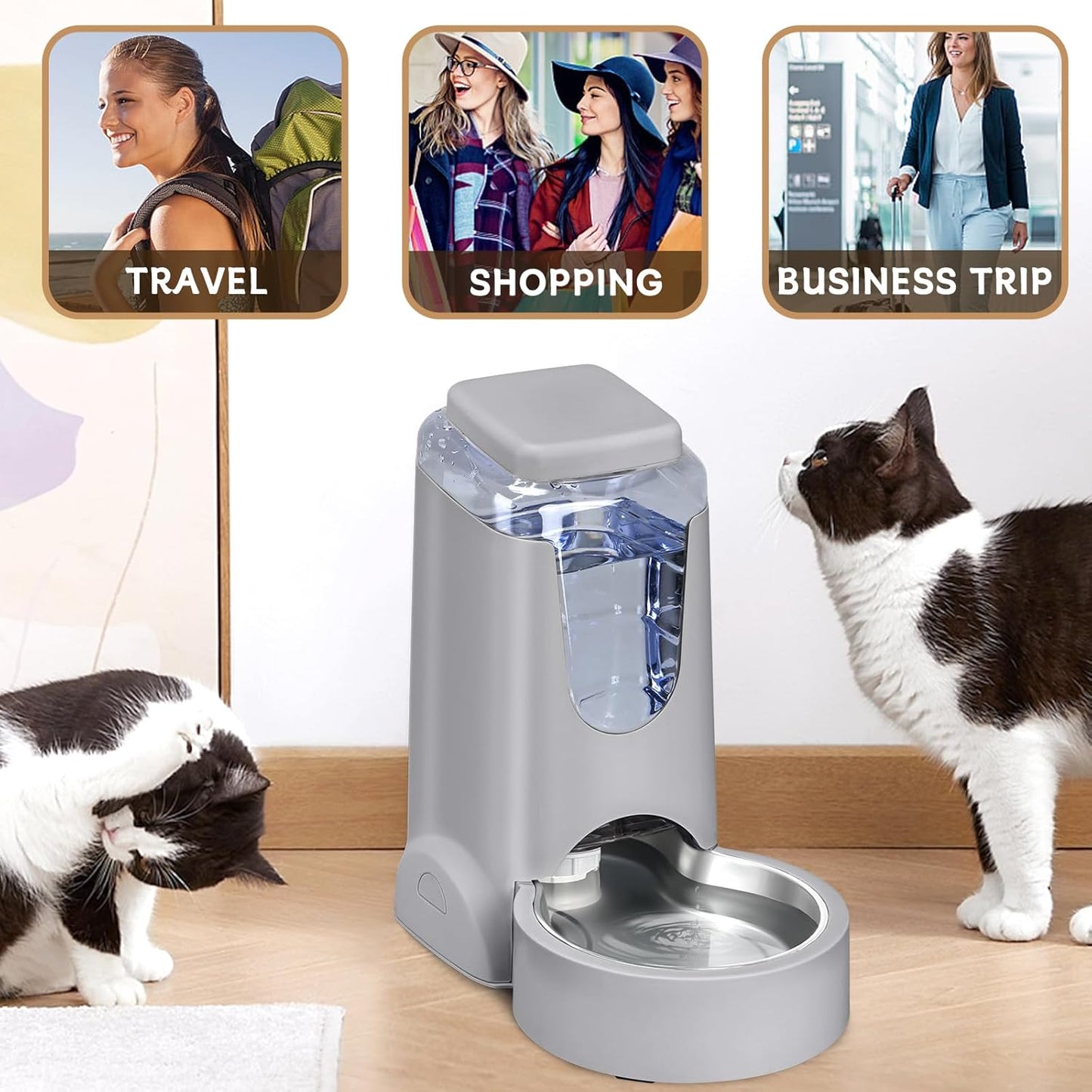 2pcs Portable Automatic Cats Dogs Gravity Food Feeder and Water Dispenser with Stainless Steel Bowl