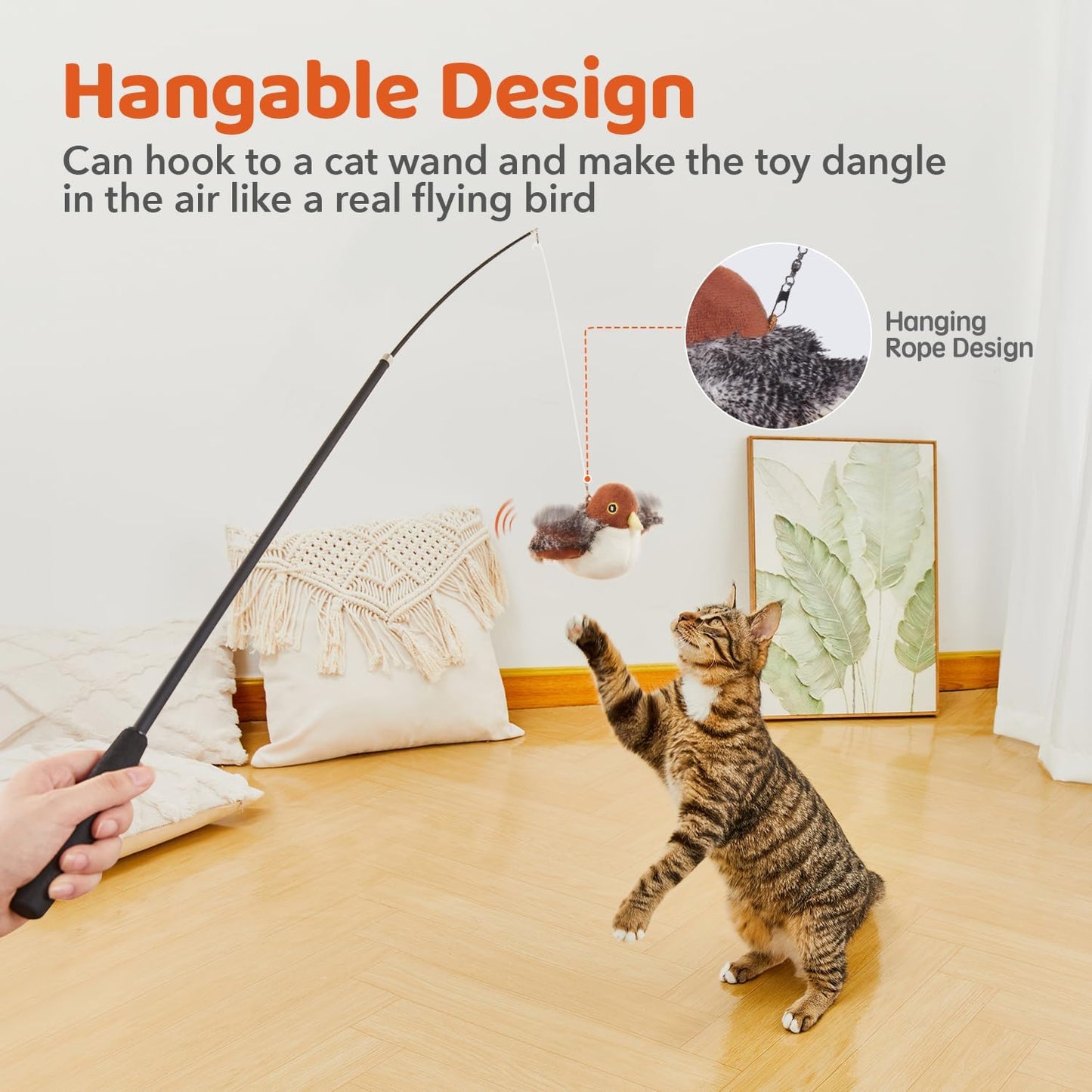 Cat Toys Rechargeable Flapping Bird Sparrow, Lifelike Chirp Tweet, Touch Activated Kitten Interactive Cat Toys