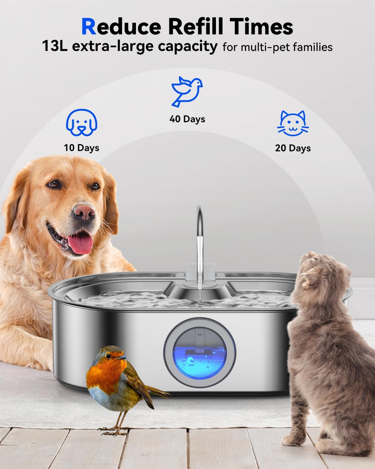 3.4Gal Dog Cats Water Fountain, Stainless Steel Pet Fountain with Deeper & Wider Drinking Area