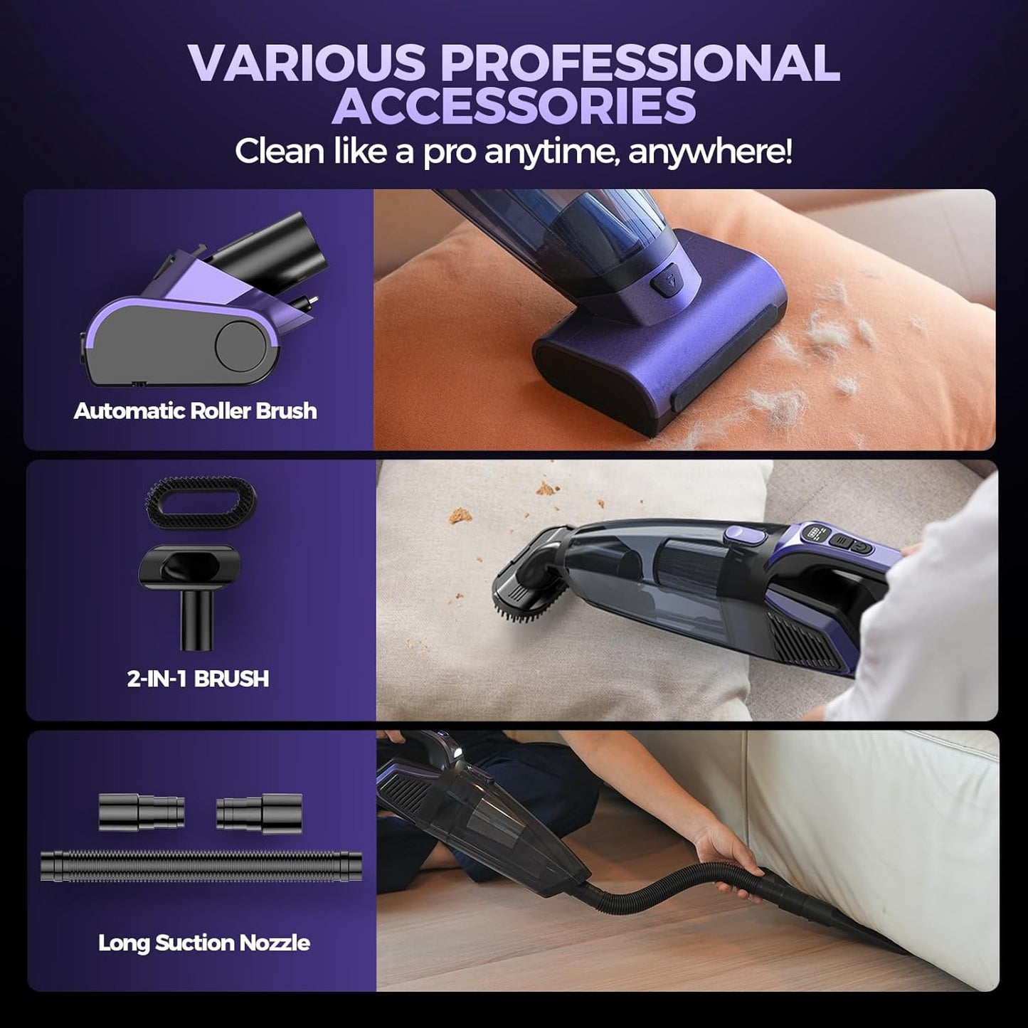 Pet Hair Handheld Vacuum Cordless: 20000PA High Power Car Vacuum with Motorized Brush and LED Light