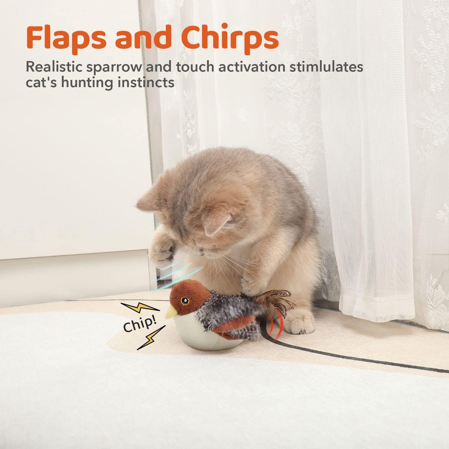 Cat Toys Rechargeable Flapping Bird Sparrow, Lifelike Chirp Tweet, Touch Activated Kitten Interactive Cat Toys