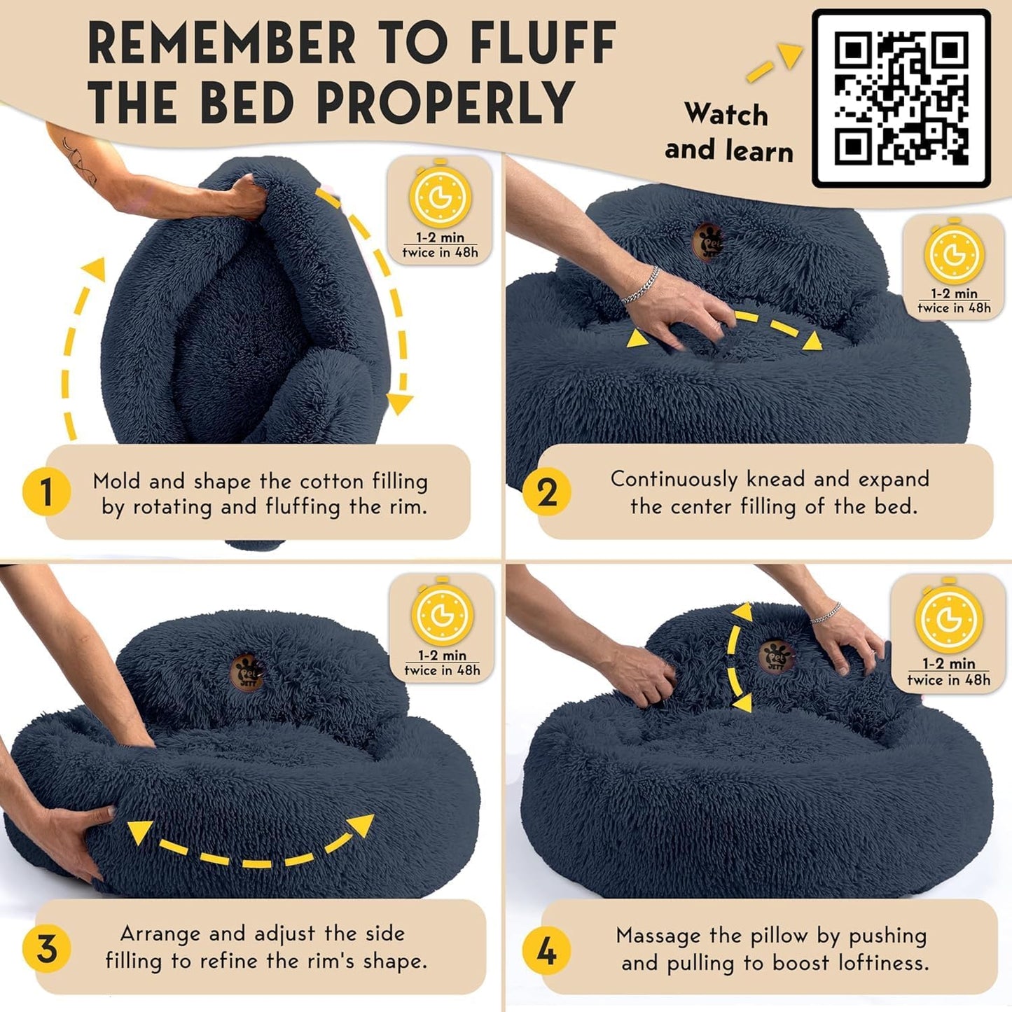 Round Medium Dog Beds Anti-Slip & Washable, Soft Fluffy Plush Donut Bed