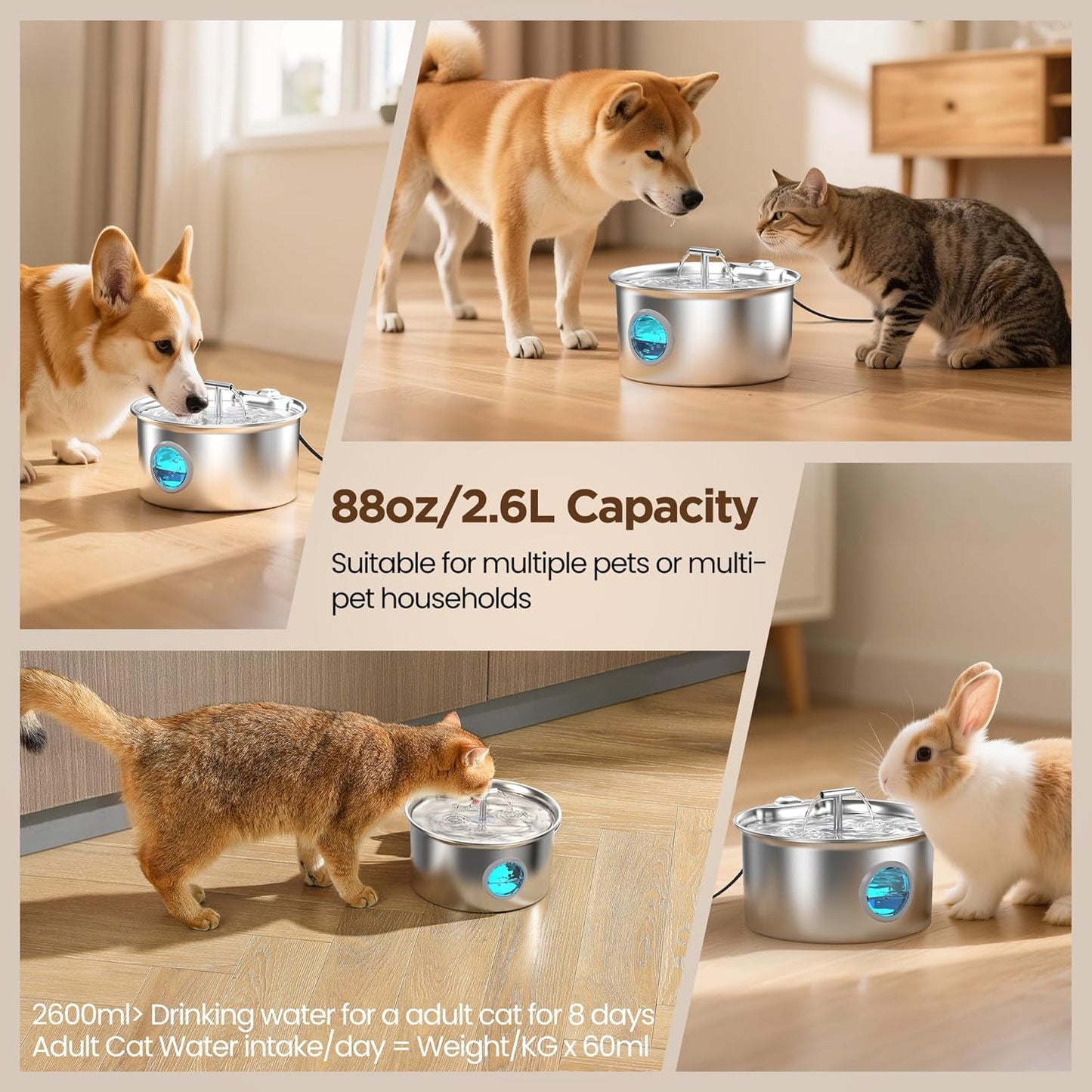 Dog Cat Water Fountain Stainless Steel: 2.6L Cat Fountain for Drinking - Pet Water Fountain for Dogs Cats Indoor