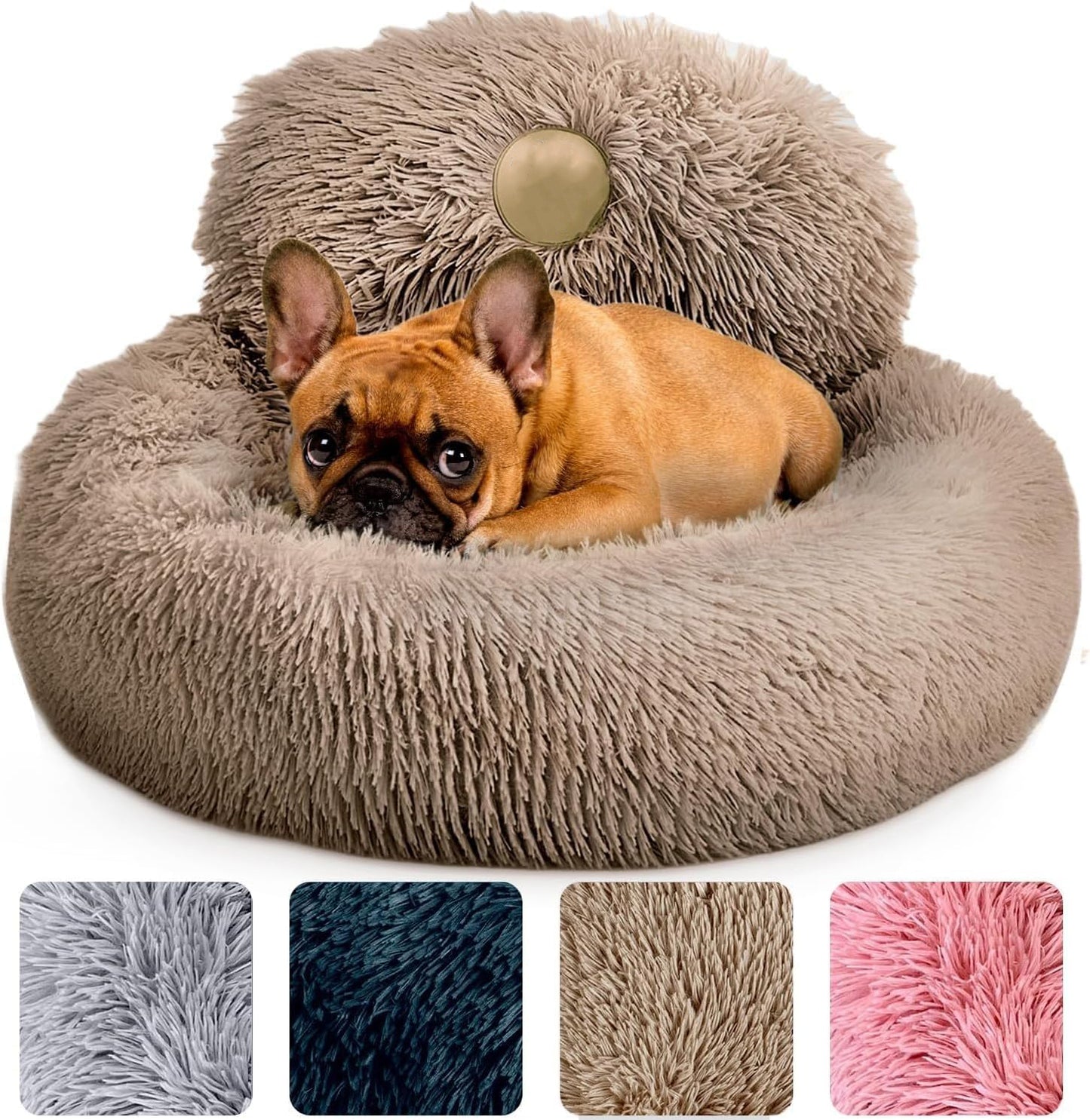 Round Medium Dog Beds Anti-Slip & Washable, Soft Fluffy Plush Donut Bed