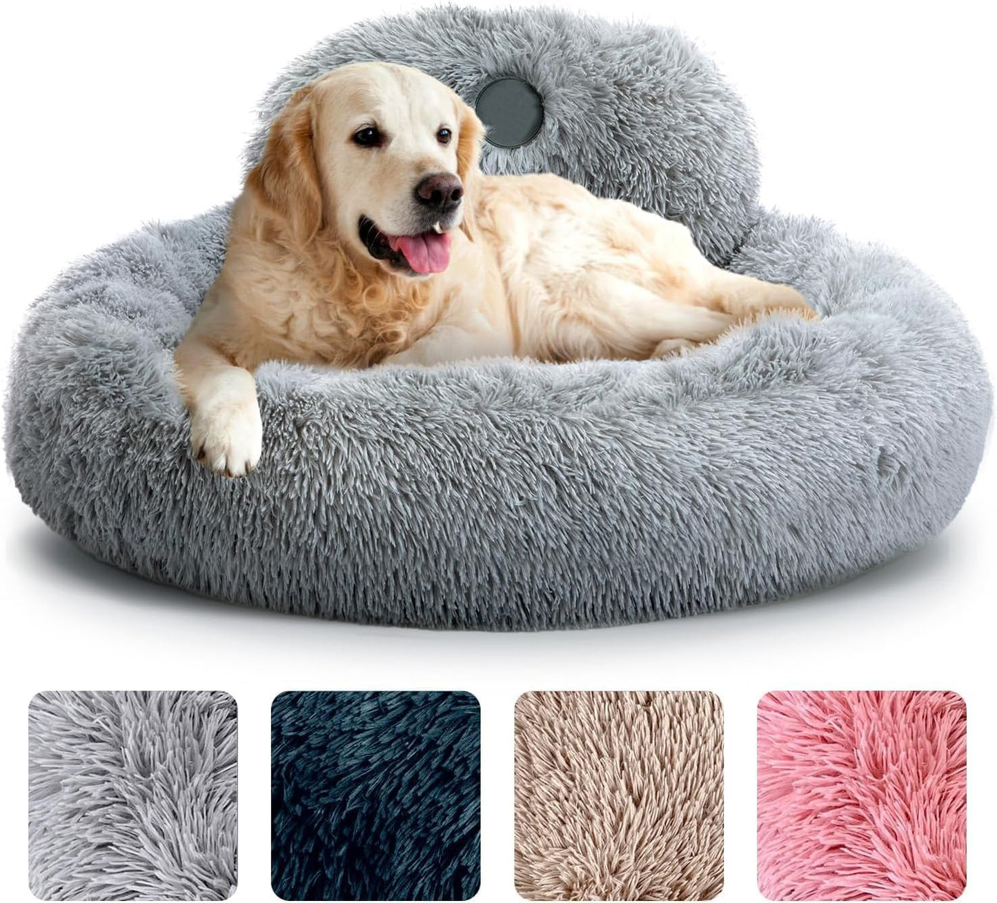 Round Medium Dog Beds Anti-Slip & Washable, Soft Fluffy Plush Donut Bed