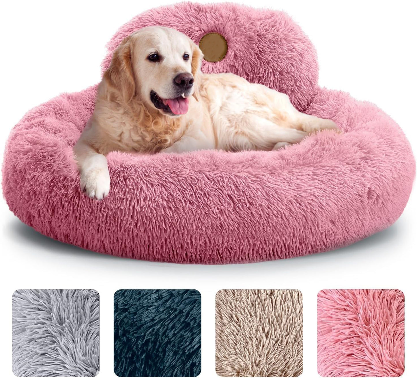 Round Medium Dog Beds Anti-Slip & Washable, Soft Fluffy Plush Donut Bed