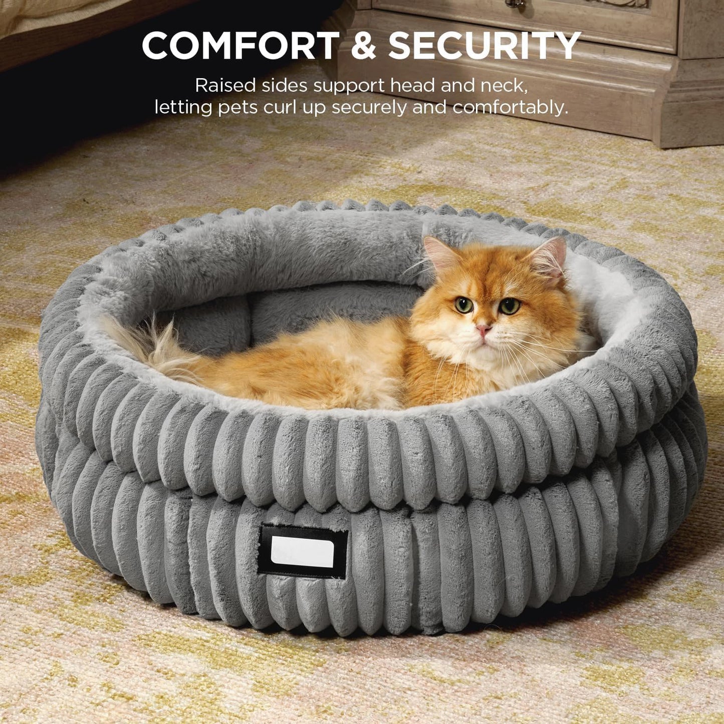 Washable Round Pet Bed for Dog Cat, Soft Plush Faux Fur and Anti-Slip