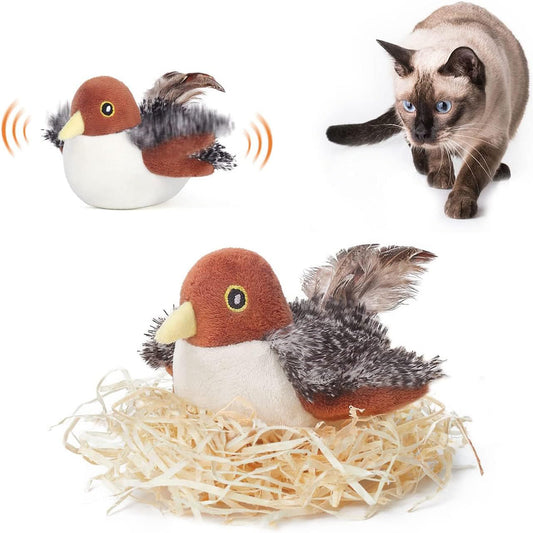 Cat Toys Rechargeable Flapping Bird Sparrow, Lifelike Chirp Tweet, Touch Activated Kitten Interactive Cat Toys