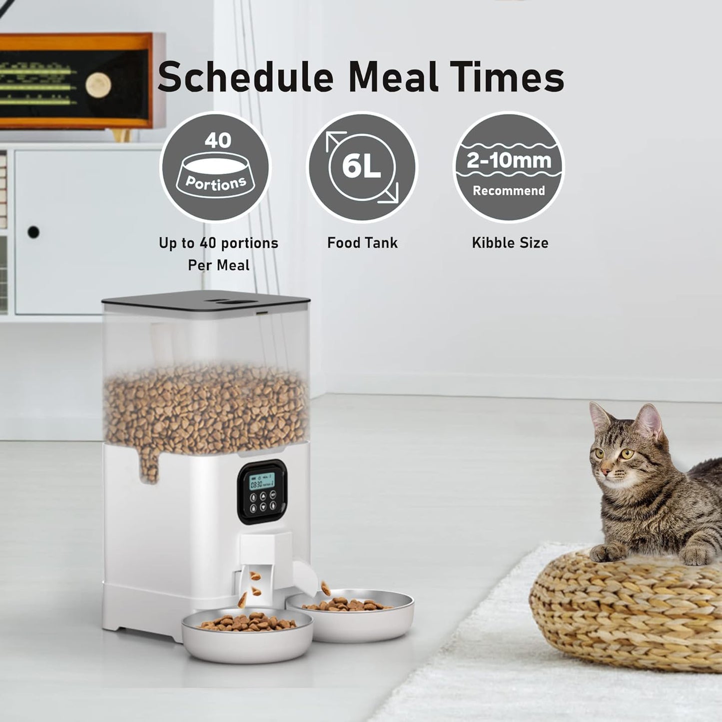 Automatic Cat Feeder for Two Cats, Double Pet Feeder with 2 Stainless Steel Bowls