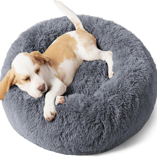 Calming Cat Beds for Indoor Cats Dogs Washable Anti-Slip Round Fluffy Plush Faux Fur Pet Bed