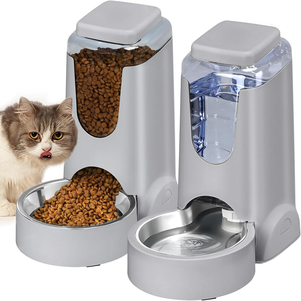2pcs Portable Automatic Cats Dogs Gravity Food Feeder and Water Dispenser with Stainless Steel Bowl