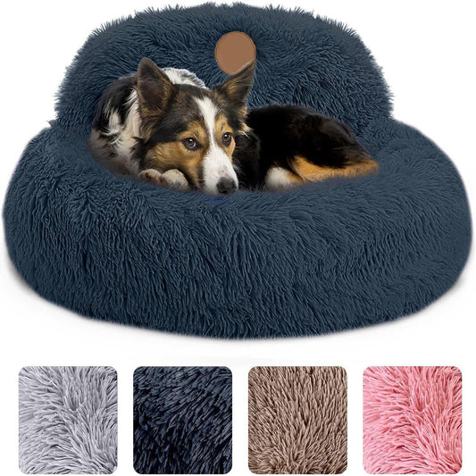 Round Medium Dog Beds Anti-Slip & Washable, Soft Fluffy Plush Donut Bed