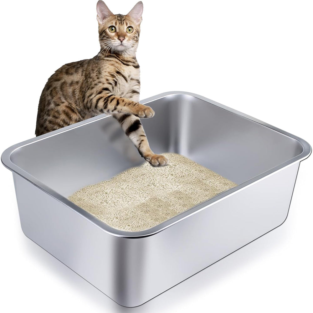Stainless Steel Cat Litter Box - Metal High-Sided Litter Pan for Cats, Rabbits, and Pets