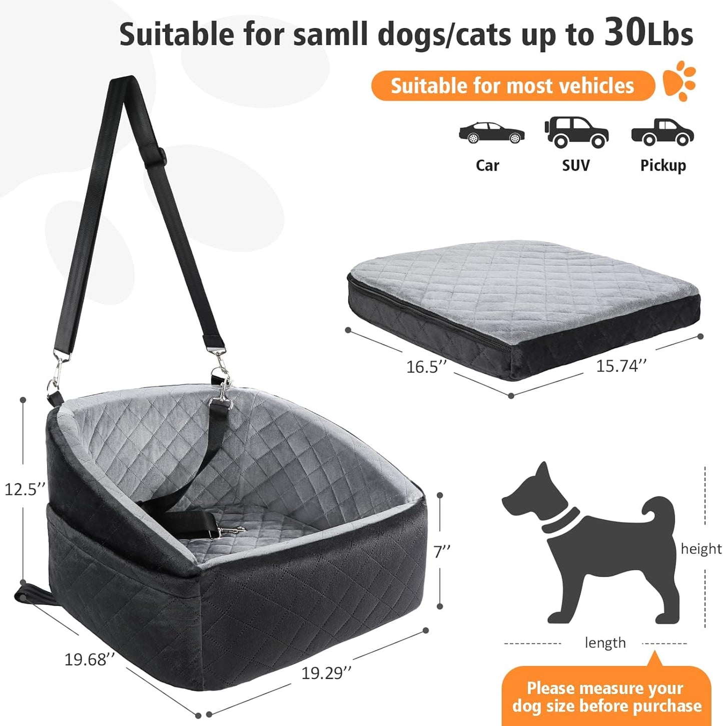 Dog Car Seat for Small Medium Dogs, Detachable Washable Dog Booster Seat Under 30lbs