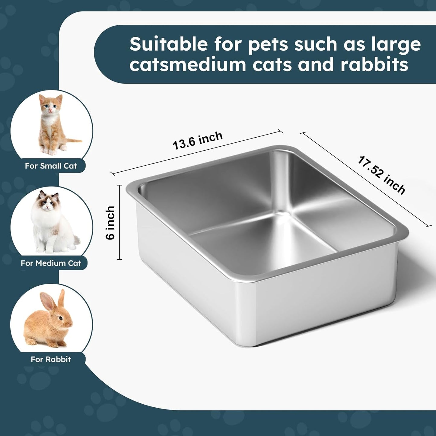 Stainless Steel Cat Litter Box - Metal High-Sided Litter Pan for Cats, Rabbits, and Pets